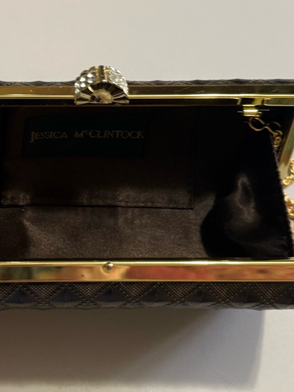 Elegant Brown Textured Evening Clutch with Gold Chain - Picture 8 of 9